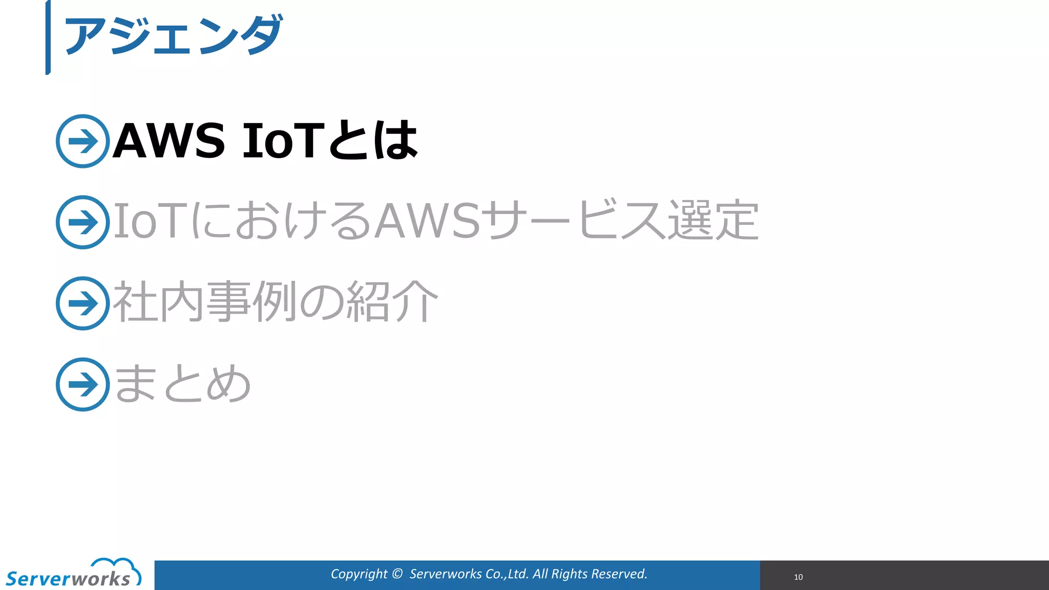 Copyright	
  ©	
  	
  Serverworks	
  Co.,Ltd.	
  All	
  Rights	
  Reserved.	
  
AWS  IoTとは  
IoTにおけるAWSサービス選定  
社内事例例の紹介  
まとめ
10
アジェンダ
 