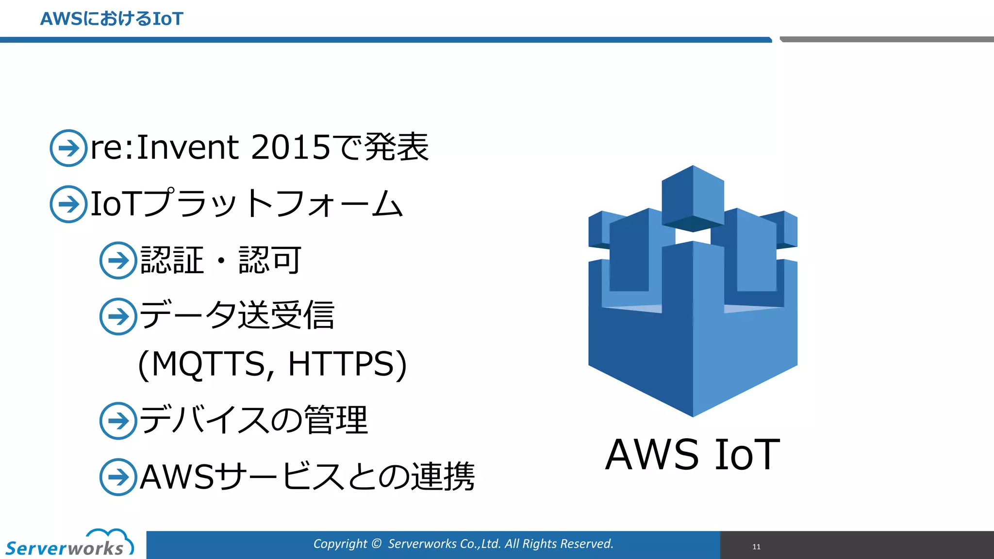 Copyright	
  ©	
  	
  Serverworks	
  Co.,Ltd.	
  All	
  Rights	
  Reserved.	
  
re:Invent  2015で発表  
IoTプラットフォーム  
認証・認可  
データ送受信 
(MQTTS,  HTTPS)  
デバイスの管理理  
AWSサービスとの連携
AWSにおけるIoT
11
AWS  IoT
 
