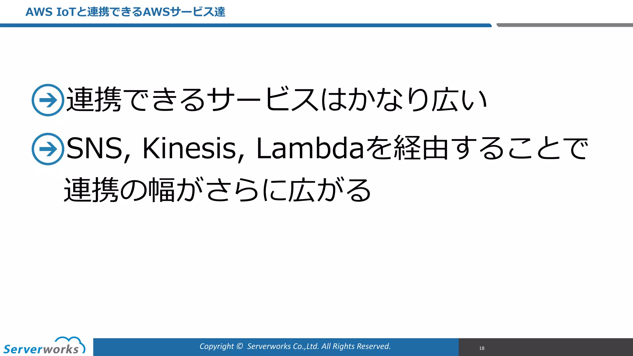 Copyright	
  ©	
  	
  Serverworks	
  Co.,Ltd.	
  All	
  Rights	
  Reserved.	
  
連携できるサービスはかなり広い  
SNS,  Kinesis,  Lambdaを経由することで
連携の幅がさらに広がる
AWS  IoTと連携できるAWSサービス達
18
 