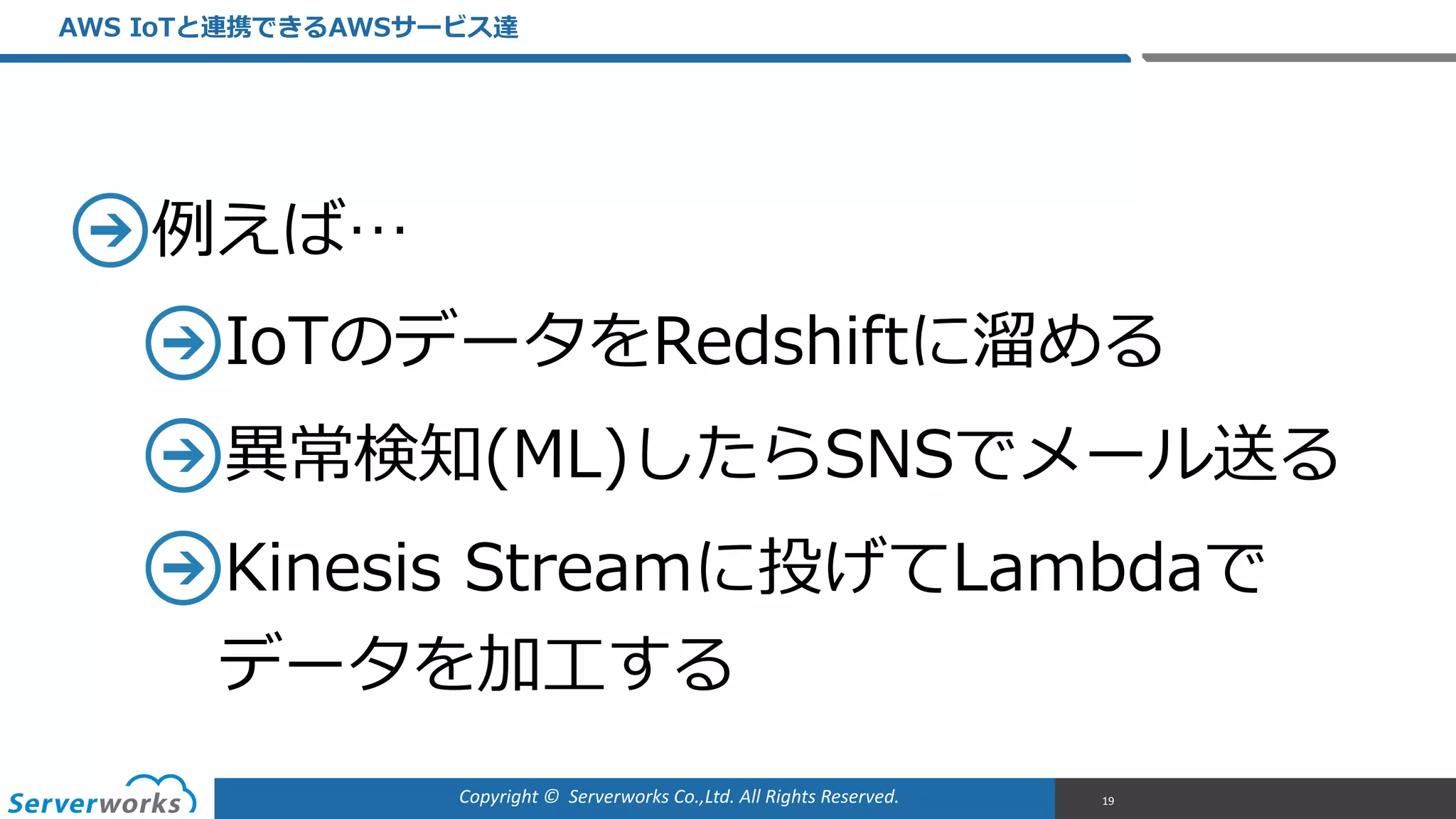 Copyright	
  ©	
  	
  Serverworks	
  Co.,Ltd.	
  All	
  Rights	
  Reserved.	
  
例例えば…  
IoTのデータをRedshiftに溜溜める  
異異常検知(ML)したらSNSでメール送る  
Kinesis  Streamに投げてLambdaで 
データを加⼯工する
AWS  IoTと連携できるAWSサービス達
19
 