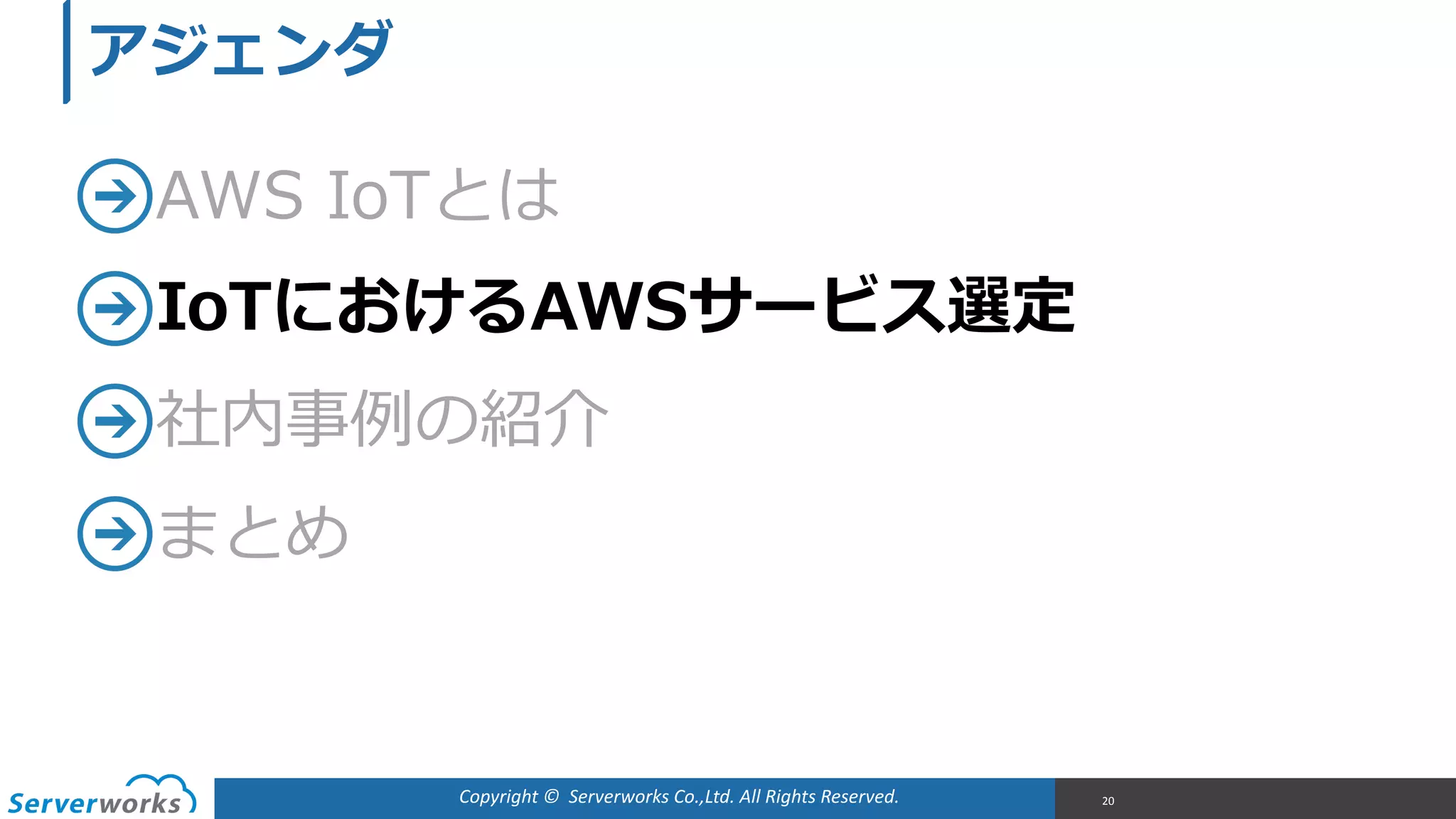Copyright	
  ©	
  	
  Serverworks	
  Co.,Ltd.	
  All	
  Rights	
  Reserved.	
  
AWS  IoTとは  
IoTにおけるAWSサービス選定  
社内事例例の紹介  
まとめ
20
アジェンダ
 
