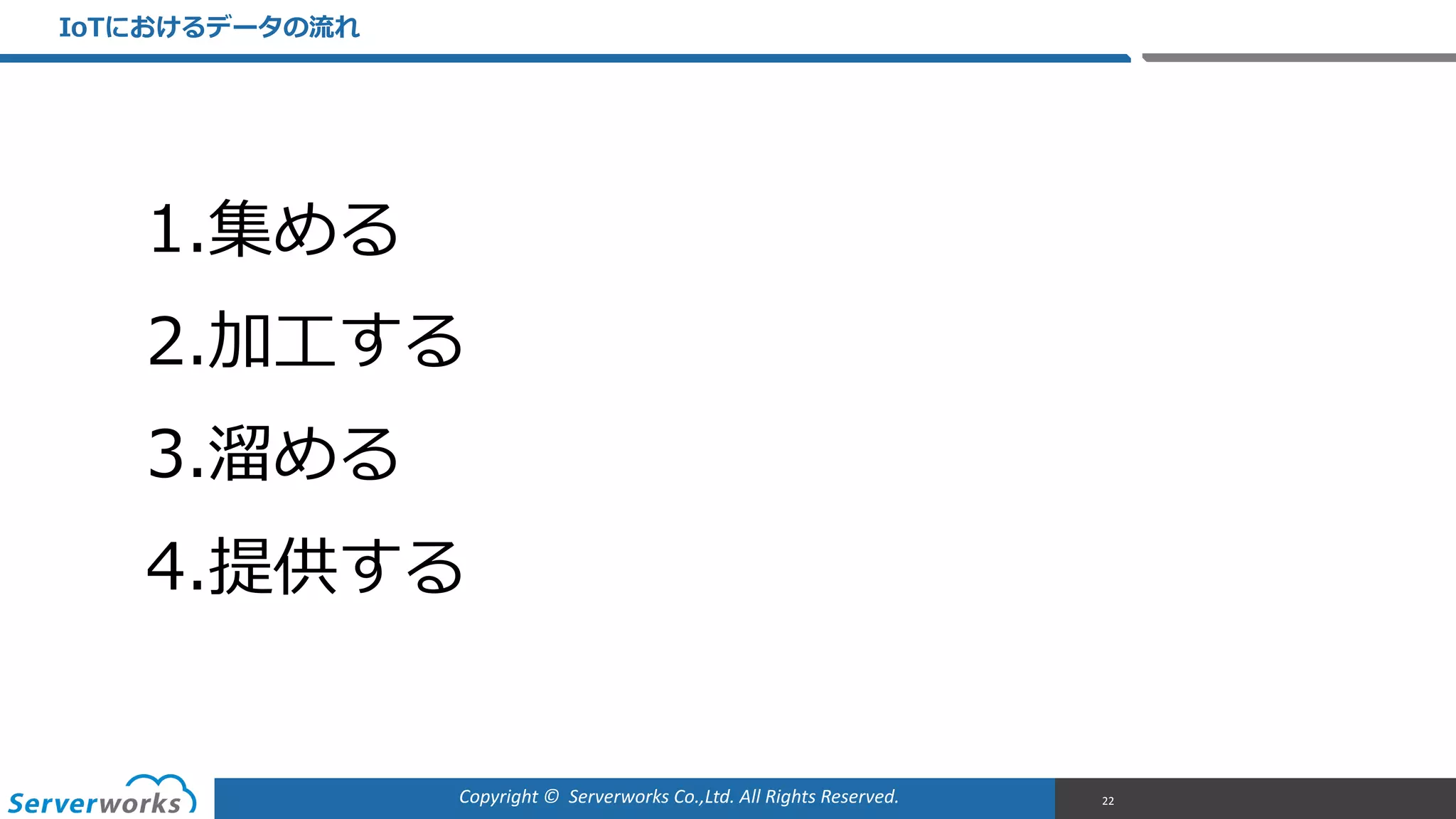 Copyright	
  ©	
  	
  Serverworks	
  Co.,Ltd.	
  All	
  Rights	
  Reserved.	
  
1.集める  
2.加⼯工する  
3.溜溜める  
4.提供する
IoTにおけるデータの流流れ
22
 