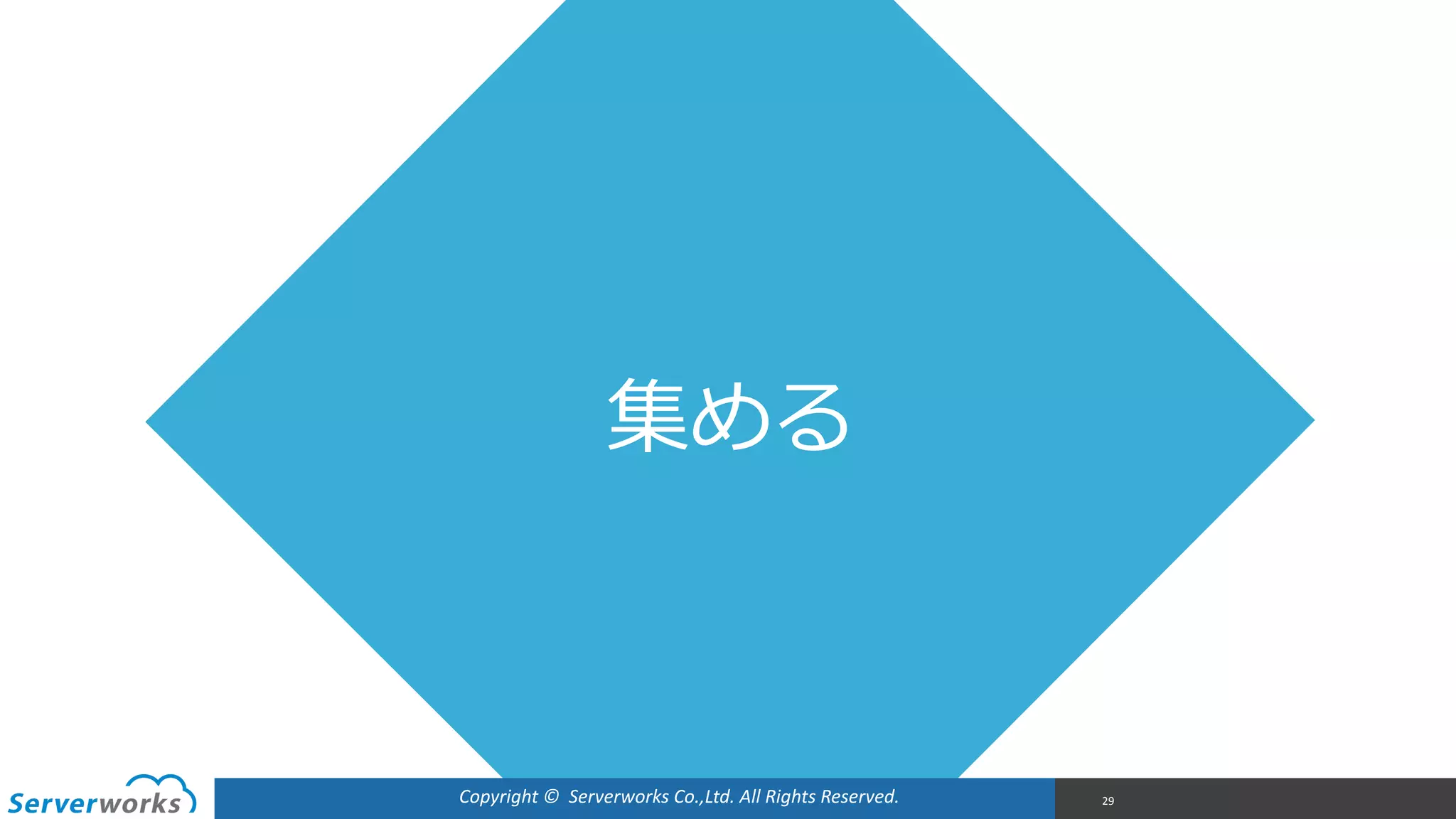 Copyright	
  ©	
  	
  Serverworks	
  Co.,Ltd.	
  All	
  Rights	
  Reserved.	
  
集める
29
 