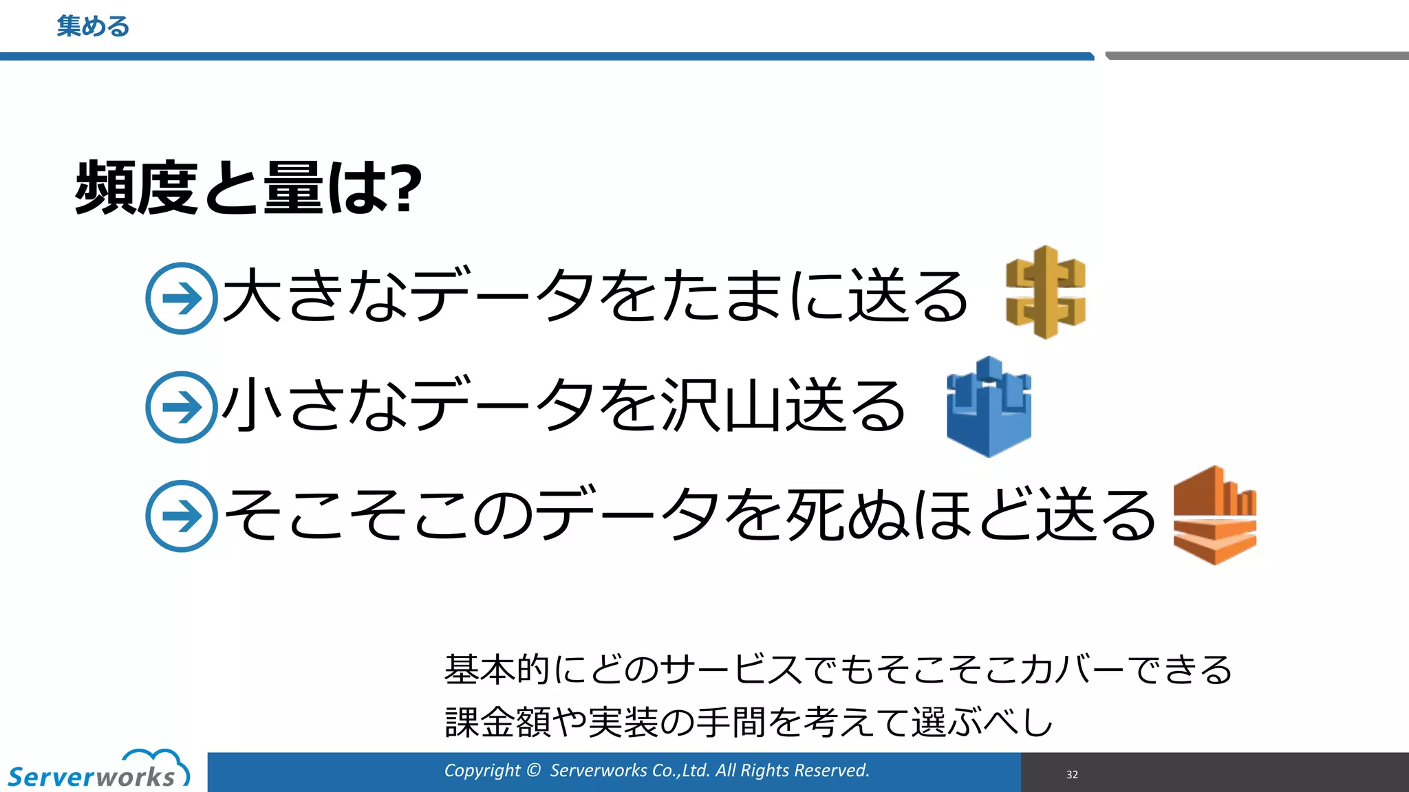 Copyright	
  ©	
  	
  Serverworks	
  Co.,Ltd.	
  All	
  Rights	
  Reserved.	
  
頻度度と量量は?  
⼤大きなデータをたまに送る  
⼩小さなデータを沢⼭山送る  
そこそこのデータを死ぬほど送る
集める
32
基本的にどのサービスでもそこそこカバーできる  
課⾦金金額や実装の⼿手間を考えて選ぶべし
 