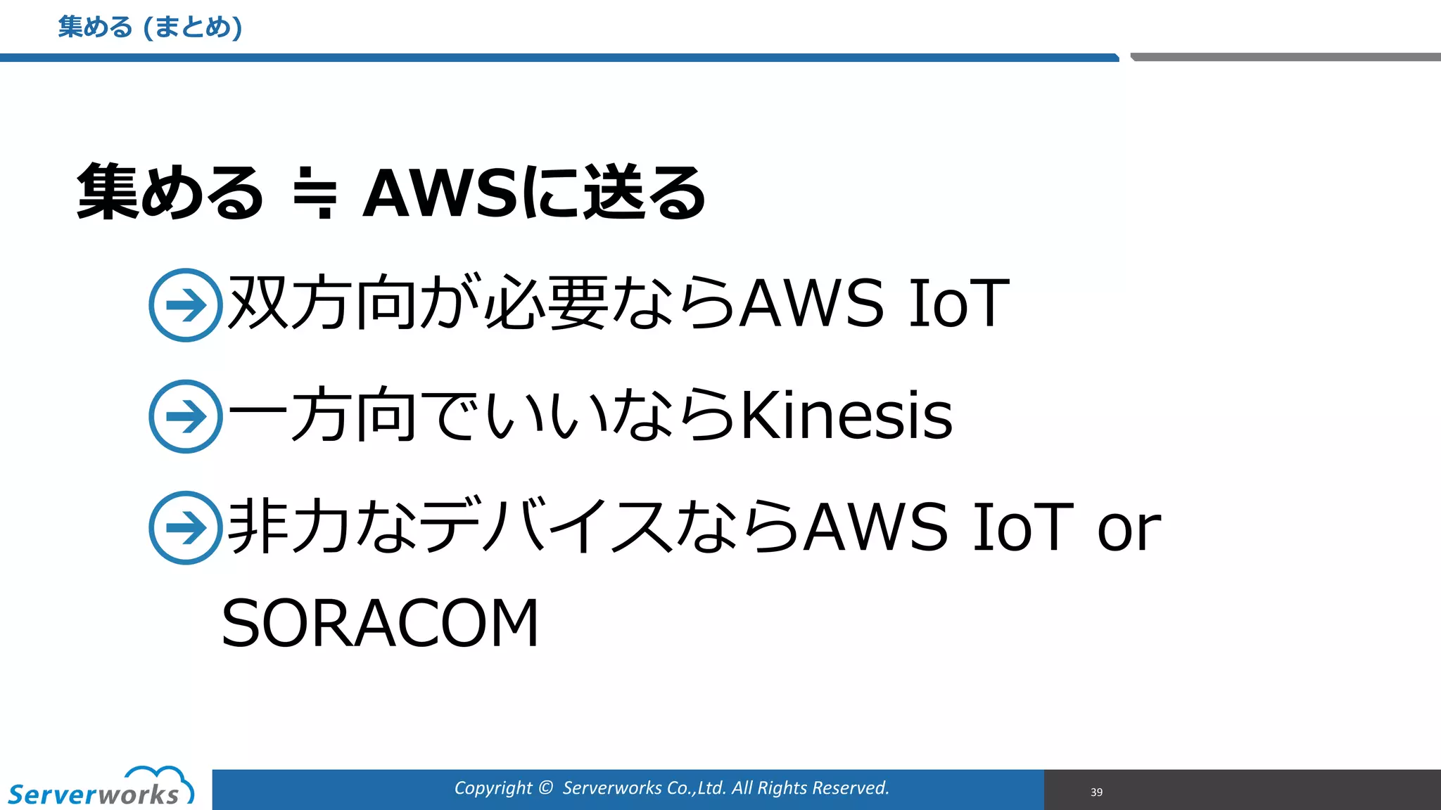 Copyright	
  ©	
  	
  Serverworks	
  Co.,Ltd.	
  All	
  Rights	
  Reserved.	
  
集める  ≒  AWSに送る  
双⽅方向が必要ならAWS  IoT  
⼀一⽅方向でいいならKinesis  
⾮非⼒力力なデバイスならAWS  IoT  or  
SORACOM
集める  (まとめ)
39
 
