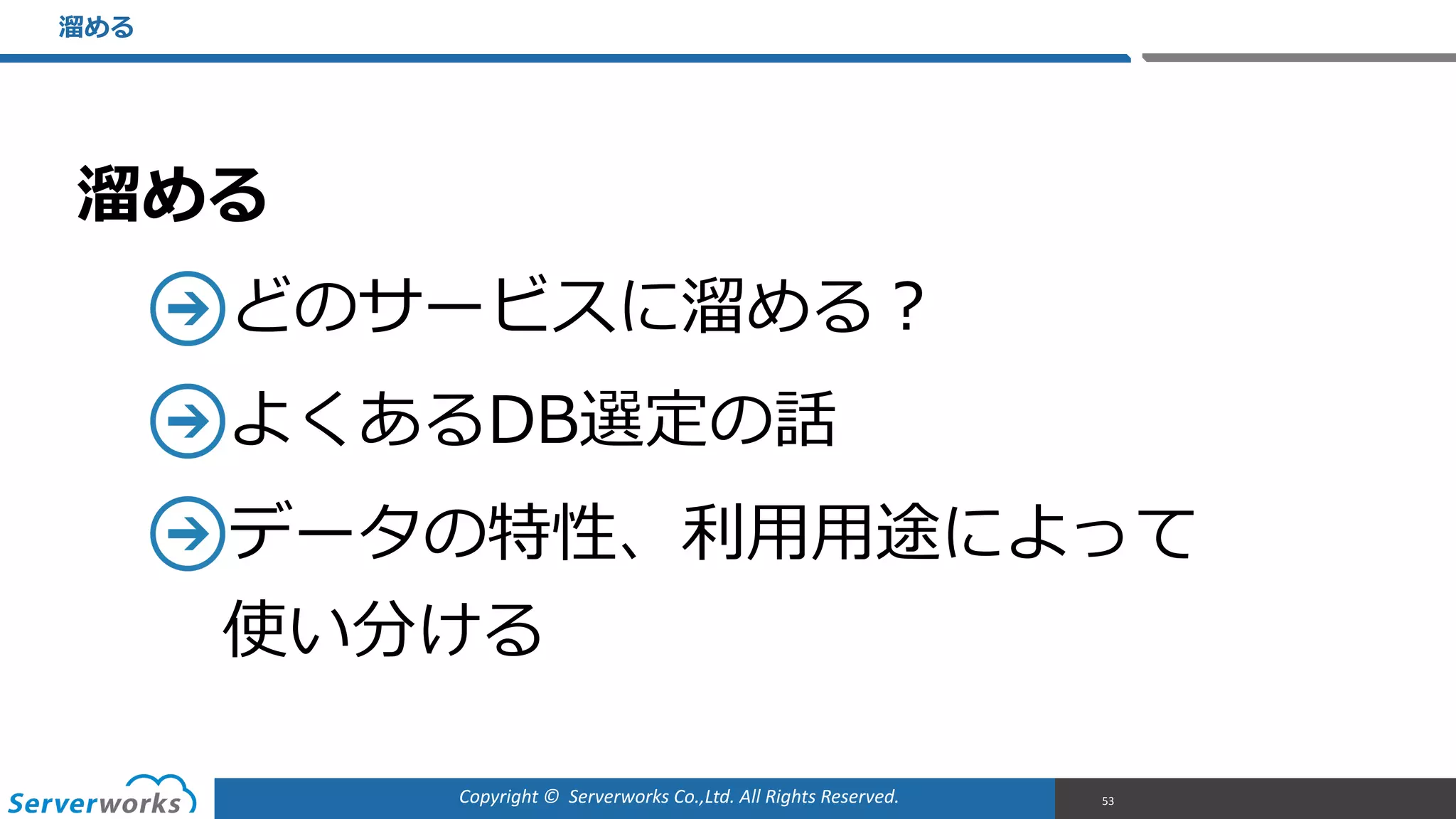 Copyright	
  ©	
  	
  Serverworks	
  Co.,Ltd.	
  All	
  Rights	
  Reserved.	
  
溜溜める  
どのサービスに溜溜める？  
よくあるDB選定の話  
データの特性、利利⽤用⽤用途によって 
使い分ける
溜溜める
53
 