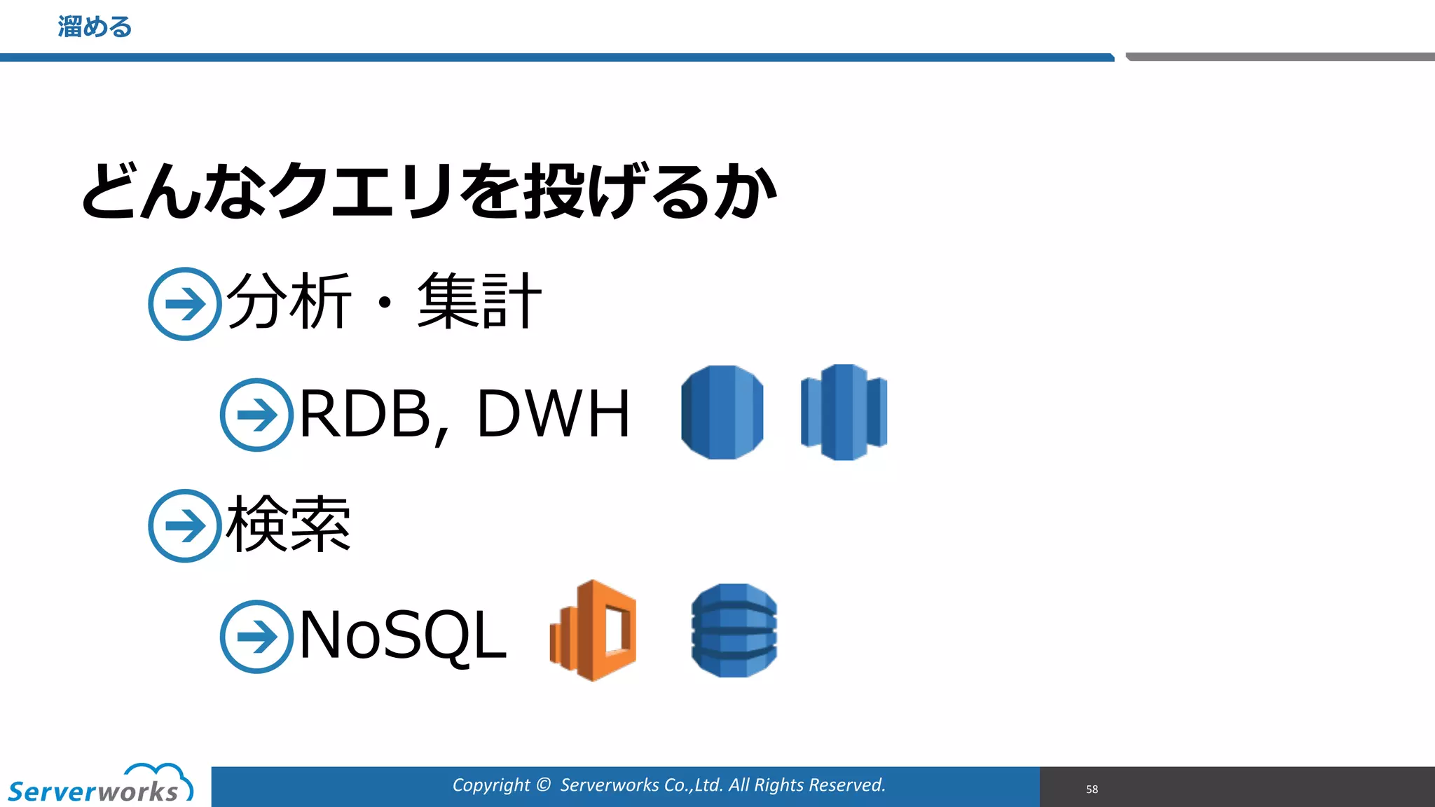 Copyright	
  ©	
  	
  Serverworks	
  Co.,Ltd.	
  All	
  Rights	
  Reserved.	
  
どんなクエリを投げるか  
分析・集計  
RDB,  DWH  
検索索  
NoSQL
溜溜める
58
 
