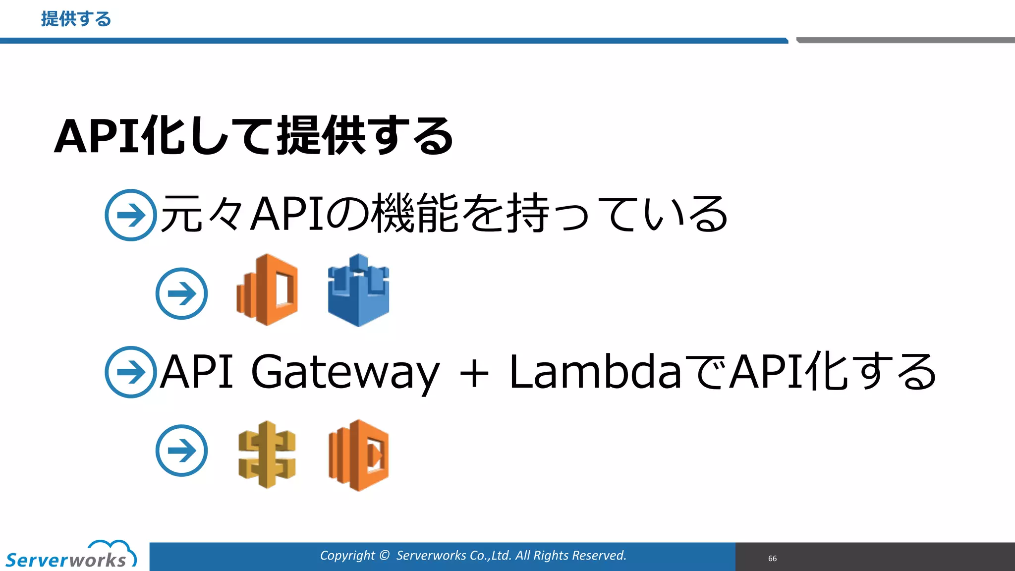 Copyright	
  ©	
  	
  Serverworks	
  Co.,Ltd.	
  All	
  Rights	
  Reserved.	
  
API化して提供する  
元々APIの機能を持っている  
    
API  Gateway  +  LambdaでAPI化する  
  
提供する
66
 