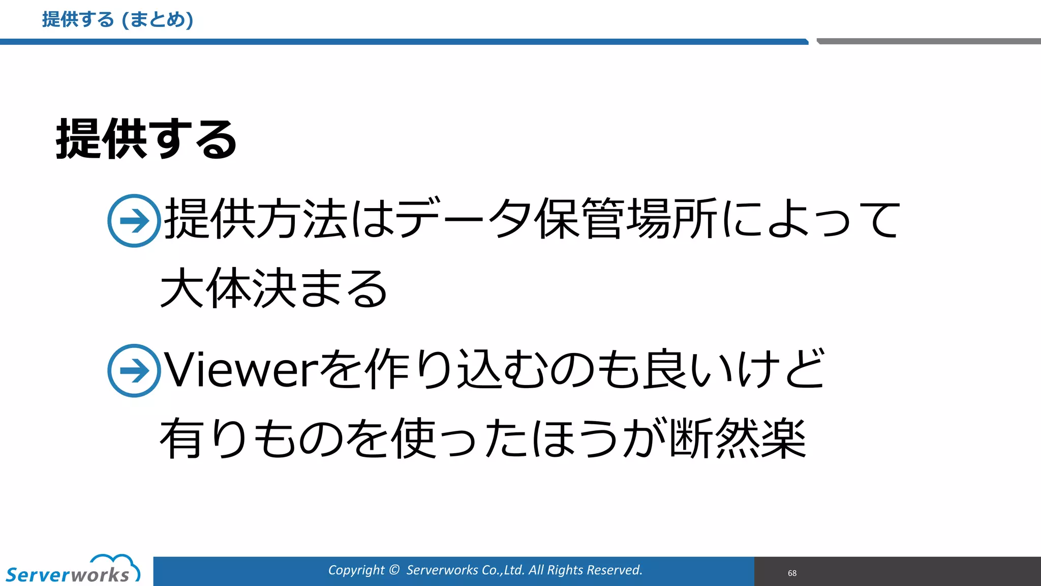 Copyright	
  ©	
  	
  Serverworks	
  Co.,Ltd.	
  All	
  Rights	
  Reserved.	
  
提供する  
提供⽅方法はデータ保管場所によって 
⼤大体決まる  
Viewerを作り込むのも良良いけど 
有りものを使ったほうが断然楽
提供する  (まとめ)
68
 