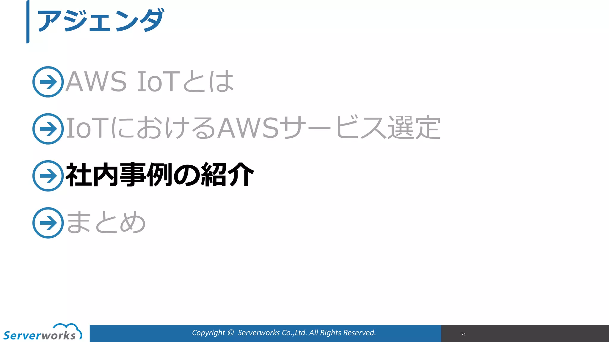 Copyright	
  ©	
  	
  Serverworks	
  Co.,Ltd.	
  All	
  Rights	
  Reserved.	
  
AWS  IoTとは  
IoTにおけるAWSサービス選定  
社内事例例の紹介  
まとめ
71
アジェンダ
 
