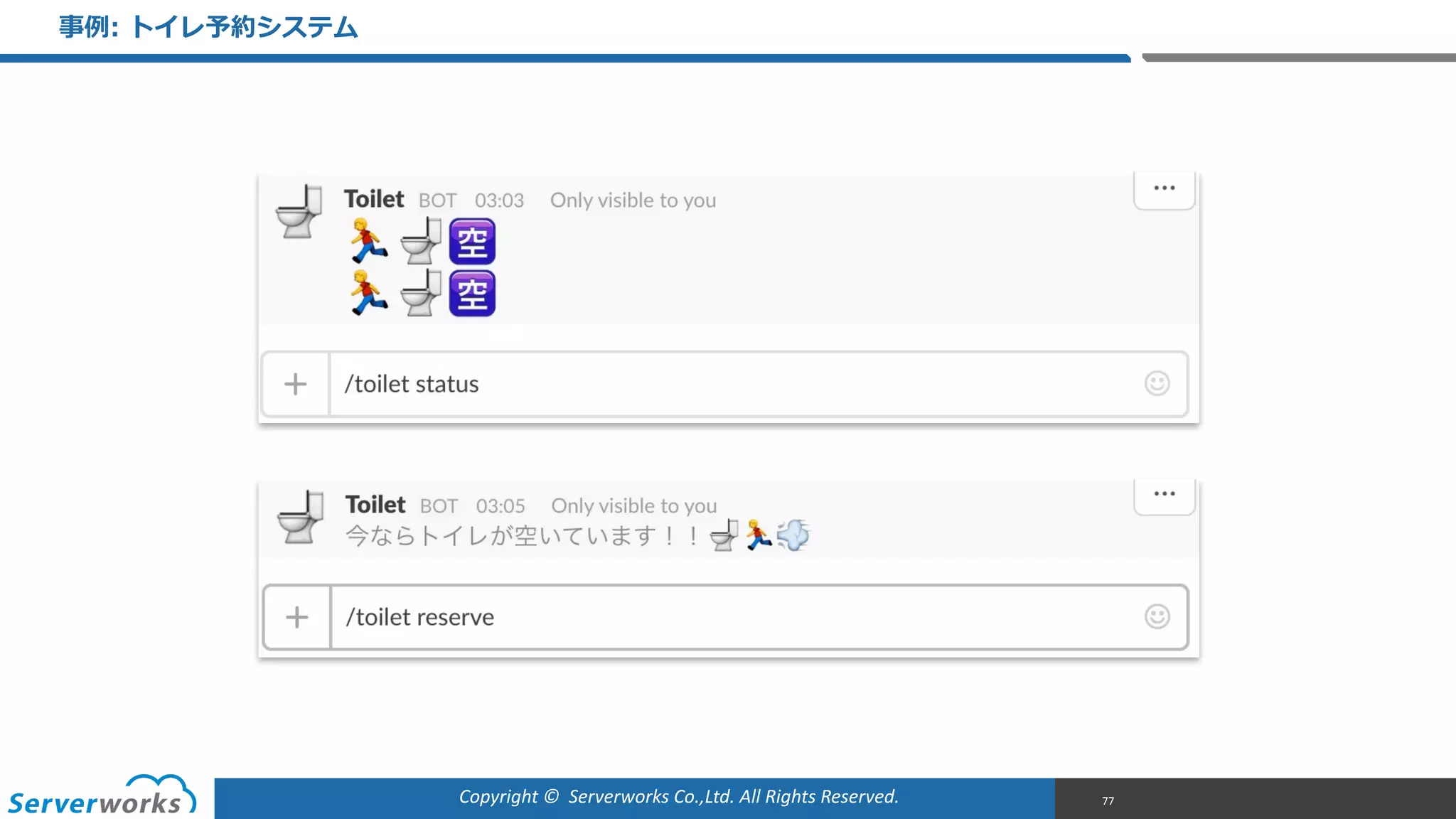 Copyright	
  ©	
  	
  Serverworks	
  Co.,Ltd.	
  All	
  Rights	
  Reserved.	
  
事例例:  トイレ予約システム
77
 