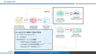 Copyright	
  ©	
  	
  Serverworks	
  Co.,Ltd.	
  All	
  Rights	
  Reserved.	
  
ルールエンジン
16
ルールエンジンを使って⾊色々できる  
-‐‑‒ データのフィルタリング  
-‐‑‒ データの加⼯工  
-‐‑‒ 他のAWSサービスとの連携  
-‐‑‒ SNSのTopicにPublishしたり  
-‐‑‒ Lambda  Functionを起動したり  
-‐‑‒ Kinesisにデータを流流したり…
 
