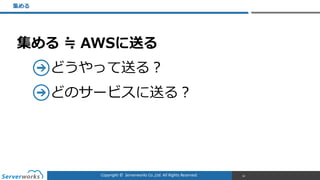 Copyright	
  ©	
  	
  Serverworks	
  Co.,Ltd.	
  All	
  Rights	
  Reserved.	
  
集める  ≒  AWSに送る  
どうやって送る？  
どのサービスに送る？
集める
30
 