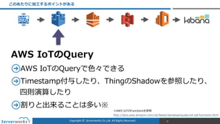 Copyright	
  ©	
  	
  Serverworks	
  Co.,Ltd.	
  All	
  Rights	
  Reserved.	
  
このあたりに加⼯工するポイントがある
47
AWS  IoTのQueryで⾊色々できる  
Timestamp付与したり、ThingのShadowを参照したり、
四則演算したり  
割りと出来ることは多い※
AWS  IoTのQuery
※AWS  IoTのFunctionsを参照  
http://docs.aws.amazon.com/iot/latest/developerguide/iot-‐‑‒sql-‐‑‒functions.html
 