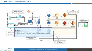 Copyright	
  ©	
  	
  Serverworks	
  Co.,Ltd.	
  All	
  Rights	
  Reserved.	
  
事例例:  プレゼンフィードバックシステム
94
集める  
-‐‑‒ 「ボタンが押された」という事をAWS  IoTに送る
 