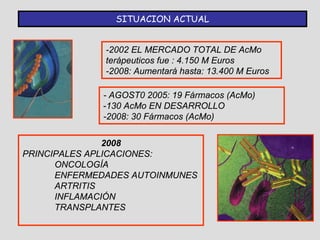 SITUACION ACTUAL


              -2002 EL MERCADO TOTAL DE AcMo
              terápeuticos fue : 4.150 M Euros
              -2008: Aumentará hasta: 13.400 M Euros

             - AGOST0 2005: 19 Fármacos (AcMo)
             -130 AcMo EN DESARROLLO
             -2008: 30 Fármacos (AcMo)

               2008
PRINCIPALES APLICACIONES:
      ONCOLOGÍA
      ENFERMEDADES AUTOINMUNES
      ARTRITIS
      INFLAMACIÓN
      TRANSPLANTES
 