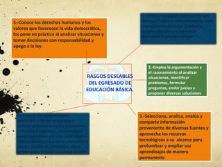 RASGOS DESEABLES DEL EGRESADO DE EDUCACIÓN BÁSICA. 2.-Emplea la argumentación y el razonamiento al analizar situaciones, identificar problemas, formular preguntas, emitir juicios y proponer diversas soluciones 3.-Selecciona, analiza, evalúa y comparte información proveniente de diversas fuentes y aprovecha los recursos tecnológicos a su  alcance para  profundizar y ampliar sus aprendizajes de manera permanente 5.-Conoce los derechos humanos y los valores que favorecen la vida democrática, los pone en práctica al analizar situaciones y tomar decisiones con responsabilidad y apego a la ley.  1.-Utiliza el lenguaje oral y escrito con claridad, fluidez y adecuadamente, para interactuar en distintos contextos sociales. Reconoce y aprecia la diversidad lingüística del país. 4.- Emplea los conocimientos adquiridos a fin de interpretar y explicar procesos sociales, económicos, culturales y naturales, así como para tomar decisiones y actuar, individual o colectivamente, en aras de promover la salud y el cuidado ambiental, como formas para mejorar la calidad de vida. 