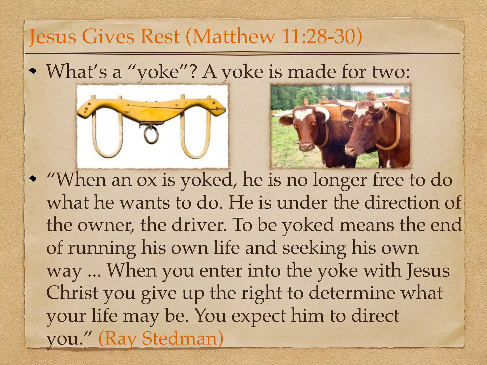 Jesus Gives Rest (Matthew 11:28-30)
 What’s a “yoke”? A yoke is made for two:




 “When an ox is yoked, he is no longer free to do
 what he wants to do. He is under the direction of
 the owner, the driver. To be yoked means the end
 of running his own life and seeking his own
 way ... When you enter into the yoke with Jesus
 Christ you give up the right to determine what
 your life may be. You expect him to direct
 you.” (Ray Stedman)
 