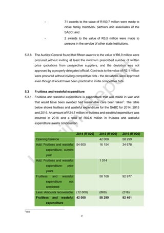 21
- 71 awards to the value of R150,7 million were made to
close family members, partners and associates of the
SABC; and
- 2 awards to the value of R3,5 million were made to
persons in the service of other state institutions.
5.2.6 The Auditor-General found that fifteen awards to the value of R6,9 million were
procured without inviting at least the minimum prescribed number of written
price quotations from prospective suppliers, and the deviation was not
approved by a properly delegated official. Contracts to the value of R2,1 million
were procured without inviting competitive bids - the deviations were approved
even though it would have been practical to invite competitive bids.
5.3 Fruitless and wasteful expenditure
5.3.1 Fruitless and wasteful expenditure is expenditure that was made in vain and
that would have been avoided had reasonable care been taken3
. The table
below shows fruitless and wasteful expenditure for the SABC for 2014, 2015
and 2016. An amount of R34,7 million in fruitless and wasteful expenditure was
incurred in 2016 and a total of R92,5 million in fruitless and wasteful
expenditure awaits condonation.
2014 (R’000) 2015 (R’000) 2016 (R’000)
Opening balance 42 000 58 299
Add: Fruitless and wasteful
expenditure- current
year
54 600 16 154 34 678
Add: Fruitless and wasteful
expenditure- prior
years
1 014
Fruitless and wasteful
expenditure not
condoned
58 168 92 977
Less: Amounts recoverable (12 600) (869) (516)
Fruitless and wasteful
expenditure
42 000 58 299 92 461
3
Ibid
 