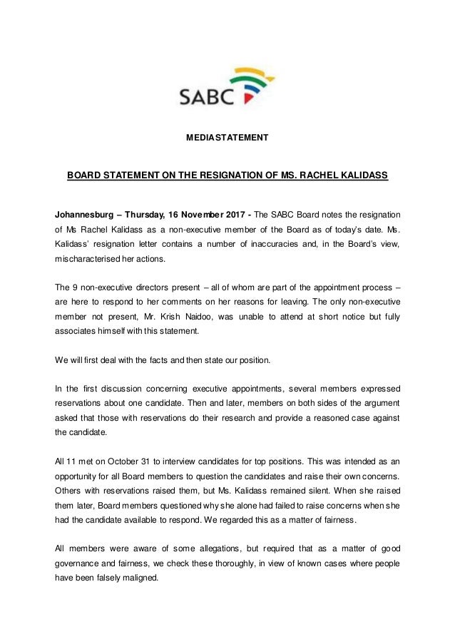 board statement on the resignation of ms rachel kalidass