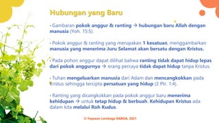 Hubungan yang Baru
• Gambaran pokok anggur & ranting → hubungan baru Allah dengan
manusia (Yoh. 15:5).
• Pokok anggur & ranting yang merupakan 1 kesatuan, menggambarkan
manusia yang menerima Juru Selamat akan bersatu dengan Kristus.
• Pada pohon anggur dapat dilihat bahwa ranting tidak dapat hidup lepas
dari pokok anggurnya → orang percaya tidak dapat hidup tanpa Kristus.
• Tuhan mengeluarkan manusia dari Adam dan mencangkokkan pada
Kristus sehingga tercipta persatuan yang hidup (2 Ptr. 1:4).
• Ranting yang dicangkokkan pada pokok anggur baru menerima
kehidupan → untuk tetap hidup & berbuah. Kehidupan Kristus ada
dalam kita melalui Roh Kudus.
© Yayasan Lembaga SABDA, 2021
 