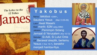 Y a k o b u s
Nama: Iakobus <2385>,
Saudara Yesus (Mat.13:55-56)
Lahir: Awal Masehi
Mati: martir, 62M (atau 69M)
Jabatan: ...