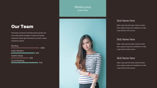 Skill Name Here
Make a type specimen book unknown printer
took a galley of type and scrambled it to make
a type process centric pursue.
Skill Name Here
Make a type specimen book unknown printer
took a galley of type and scrambled it to make
a type process centric pursue.
Skill Name Here
Make a type specimen book unknown printer
took a galley of type and scrambled it to make
a type process centric pursue.
Martha Leica
Leader Team
Proactively envisioned multimedia based expertise and
cross media growth strategies. Visualize with quality
intellectual capital agile frameworks to provide a robust
seamlessly visualize.
Our Team
Public Relations
Graphic Design
Social Marketing
Branding
100%
80%
60%
95%
 