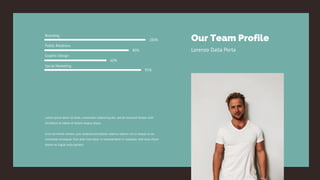 Lorem ipsum dolor sit amet, consectetur adipiscing elit, sed do eiusmod tempor with
incididunt ut labore et dolore magna aliqua.
Enim ad minim veniam, quis nostrud exercitation ullamco laboris nisi ut aliquip ex ea
commodo consequat. Duis aute irure dolor in reprehenderit in voluptate velit esse cillum
dolore eu fugiat nulla pariatur.
Public Relations
Graphic Design
Social Marketing
Branding
100%
80%
60%
95%
Our Team Profile
Lorenzo Dalla Porta
 