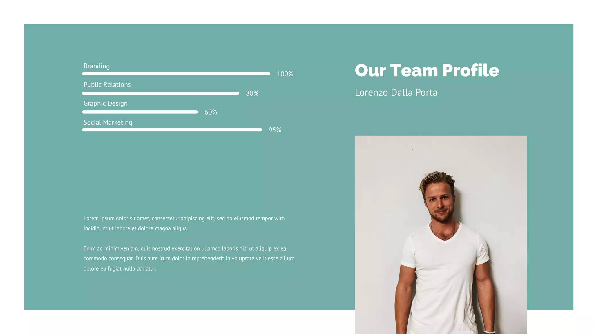 Lorem ipsum dolor sit amet, consectetur adipiscing elit, sed do eiusmod tempor with
incididunt ut labore et dolore magna aliqua.
Enim ad minim veniam, quis nostrud exercitation ullamco laboris nisi ut aliquip ex ea
commodo consequat. Duis aute irure dolor in reprehenderit in voluptate velit esse cillum
dolore eu fugiat nulla pariatur.
Public Relations
Graphic Design
Social Marketing
Branding
100%
80%
60%
95%
Our Team Profile
Lorenzo Dalla Porta
 
