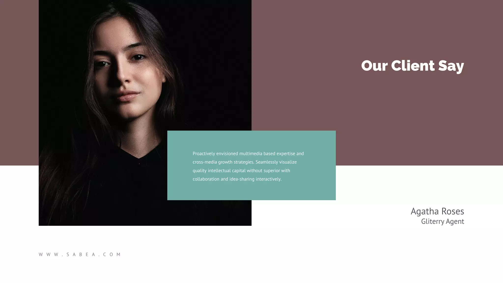 W W W . S A B E A . C O M
Our Client Say
Agatha Roses
Gliterry Agent
Proactively envisioned multimedia based expertise and
cross-media growth strategies. Seamlessly visualize
quality intellectual capital without superior with
collaboration and idea-sharing interactively.
 