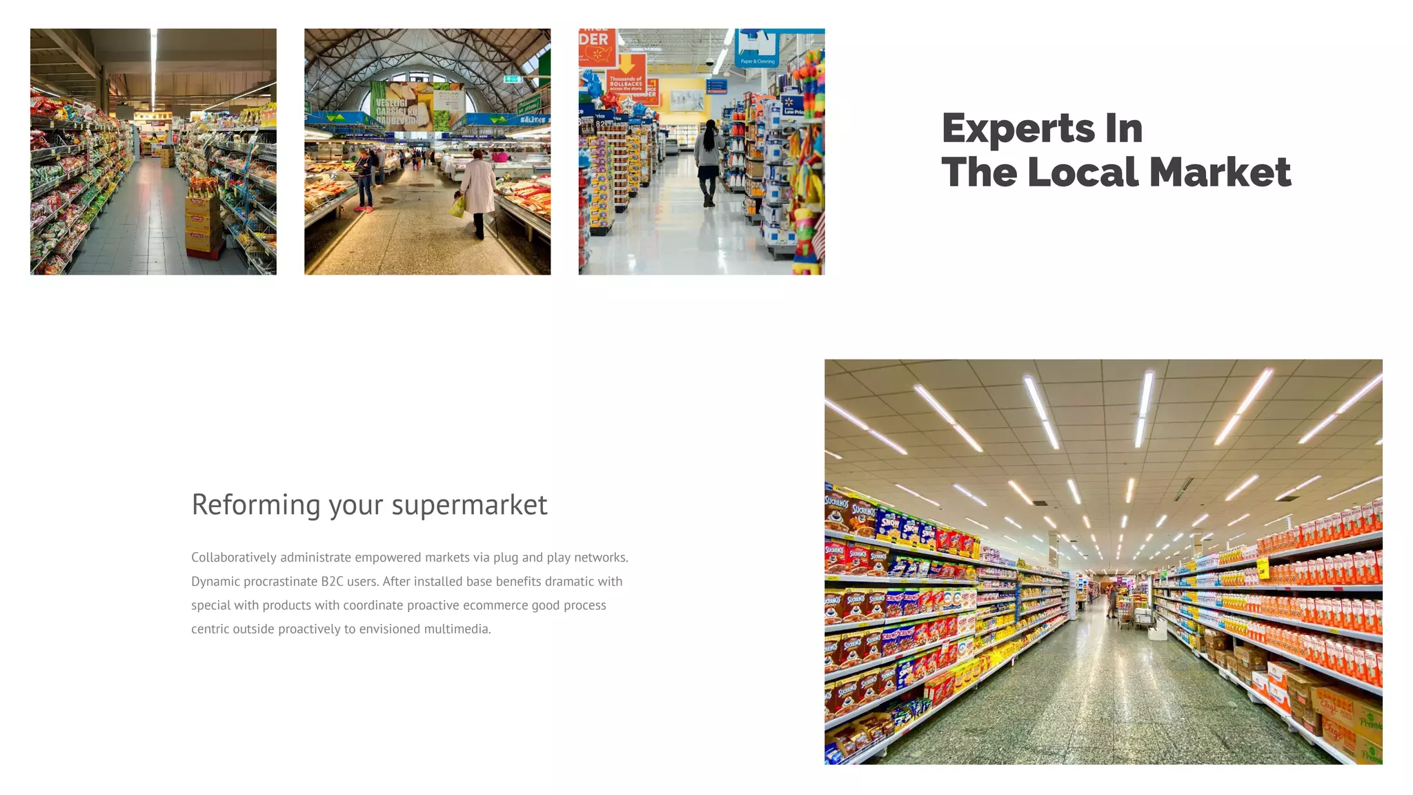 Experts In
The Local Market
Collaboratively administrate empowered markets via plug and play networks.
Dynamic procrastinate B2C users. After installed base benefits dramatic with
special with products with coordinate proactive ecommerce good process
centric outside proactively to envisioned multimedia.
Reforming your supermarket
 