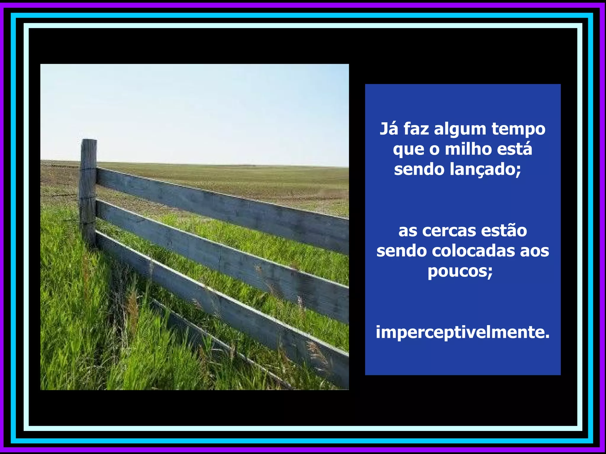 Já faz algum tempo
 que o milho está
  sendo lançado;


  as cercas estão
sendo colocadas aos
      poucos;


imperceptivelmente.
 