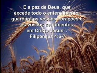 E a paz de Deus, que  excede todo o entendimento,  guardará os vossos corações e  os vossos sentimentos  em Cristo Jesus”.  Filipenses 4:6-7 
