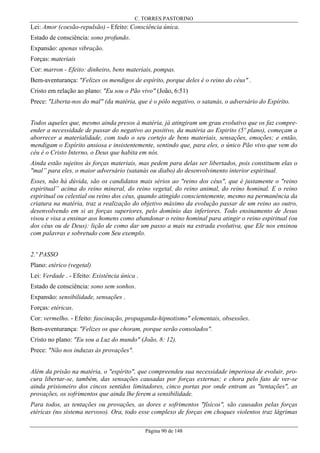 C. TORRES PASTORINO

Lei: Amor (coesão-repulsão) - Efeito: Consciência única.
Estado de consciência: sono profundo.
Expansão: apenas vibração.
Forças: materiais
Cor: marron - Efeito: dinheiro, bens materiais, pompas.
Bem-aventurança: "Felizes os mendigos de espírito, porque deles é o reino do céus" .
Cristo em relação ao plano: "Eu sou o Pão vivo" (João, 6:51)
Prece: "Liberta-nos do mal" (da matéria, que é o pólo negativo, o satanás, o adversário do Espírito.
Todos aqueles que, mesmo ainda presos à matéria, já atingiram um grau evolutivo que os faz compreender a necessidade de passar do negativo ao positivo, da matéria ao Espirito (5º plano), começam a
aborrecer a materialidade, com todo o seu cortejo de bens materiais, sensações, emoções; e então,
mendigam o Espírito ansiosa e insistentemente, sentindo que, para eles, o único Pão vivo que vem do
céu é o Cristo Interno, o Deus que habita em nós.
Ainda estão sujeitos às forças materiais, mas pedem para delas ser libertados, pois constituem elas o
"mal” para eles, o maior adversário (satanás ou diabo) do desenvolvimento interior espiritual.
Esses, não há dúvida, são os candidatos mais sérios ao "reino dos céus", que é justamente o "reino
espiritual” acima do reino mineral, do reino vegetal, do reino animal, do reino hominal. E o reino
espiritual ou celestial ou reino dos céus, quando atingido conscientemente, mesmo na permanência da
criatura na matéria, traz a realização do objetivo máximo da evolução passar de um reino ao outro,
desenvolvendo em si as forças superiores, pelo domínio das inferiores. Todo ensinamento de Jesus
visou e visa a ensinar aos homens como abandonar o reino hominal para atingir o reino espiritual (ou
dos céus ou de Deus): lição de como dar um passo a mais na estrada evolutiva, que Ele nos ensinou
com palavras e sobretudo com Seu exemplo.
2.º PASSO
Plano: etérico (vegetal)
Lei: Verdade . - Efeito: Existência única .
Estado de consciência: sono sem sonhos.
Expansão: sensibilidade, sensações .
Forças: etéricas.
Cor: vermelho. - Efeito: fascinação, propaganda-hipnotismo" elementais, obsessões.
Bem-aventurança: "Felizes os que choram, porque serão consolados".
Cristo no plano: "Eu sou a Luz do mundo" (João, 8: 12).
Prece: "Não nos induzas às provações".
Além da prisão na matéria, o "espírito", que compreendeu sua necessidade imperiosa de evoluir, procura libertar-se, também, das sensações causadas por forças externas; e chora pelo fato de ver-se
ainda prisioneiro dos cincos sentidos limitadores, cinco portas por onde entram as "tentações", as
provações, os sofrimentos que ainda lhe ferem a sensibilidade.
Para todos, as tentações ou provações, as dores e sofrimentos "físicos", são causados pelas forças
etéricas (no sistema nervoso). Ora, todo esse complexo de forças em choques violentos traz lágrimas
Página 90 de 148

 