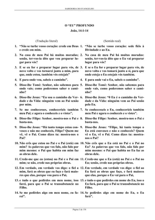 SABEDORIA DO EVANGELHO
Página 3 de 158
O “EU” PROFUNDO
João, 14:1-14
(Tradução literal)
1. “Não se turbe vosso coração: crede em Deus
e crede em mim.
2. Na casa de meu Pai há muitas moradas;
senão, ter-vos-ia dito que vou preparar lu-
gar para vós?
3. E se eu for e preparar lugar para vós, de
novo volto e vos tornarei junto a mim, para
que, onde estou, também vós estejais”
4. E para onde vou, sabeis o caminho”.
5. Disse-lhe Tomé: Senhor, não sabemos para
onde vais; como poderemos saber o cami-
nho?
6. Disse-lhe Jesus: “Eu sou o caminho da Ver-
dade e da Vida: ninguém vem ao Pai senão
por mim.
7. Se me conhecesses, conheceríeis também
meu Pai; e agora o conheceis e o vistes”,
8. Disse-lhe Filipe: Senhor, mostra-nos o Pai e
basta-nos.
9. Disse-lhe Jesus: “Há tanto tempo estou con-
vosco e não me conheceis, Filipe? Quem me
vê, vê o Pai. Como dizes tu: mostra-nos o
Pai?
10. Não crês que estou no Pai e o Pai (está) em
mim? As palavras que vos falo, não falo por
mim mesmo: o Pai que habita em mim faz
as obras dele.
11. Crede-me que eu (estou) no Pai e o Pai em
mim; se não, crede nas próprias obras.
12. Em verdade, em verdade vos digo: o fiel a
mim, fará as obras que eu faço e fará maio-
res que elas, porque vou para o Pai,
13. e tudo o que pedirdes em meu nome, isso
farei, para que o Pai se transubstancie no
Filho.
14. Se me pedirdes algo em meu nome, eu fa-
rei”.
(Sentido real)
1. “Não se turbe vosso coração: sede fiéis à
Divindade e ao Eu.
2. Na casa de meu Pai há muitas moradas:
senão, ter-vos-ia dito que o Eu vai preparar
lugar para vós?
3. E se o Eu for e preparar lugar para vós, de
novo volta e vos tomará junto a si, para que
onde esteja o Eu estejais vós também.
4. E para onde vai o Eu, sabeis o caminho”.
5. Disse-lhe Tomé: Senhor, não sabemos para
onde vais, como poderemos saber o cami-
nho?
6. Disse-lhe Jesus: “0 Eu é o caminho da Ver-
dade e da Vida: ninguém vem ao Pai senão
pelo Eu.
7. Se conhecesseis o Eu, conheceríeis também
meu Pai e agora o conheceis e o vistes”.
8. Disse-lhe Filipe: Senhor, mostra-nos o Pai e
basta-nos.
9. Disse-lhe Jesus: “Filipe, há tanto tempo o
Eu está convosco e não o conheceis? Quem
vê o Eu, vê o Pai. Como dizes tu: mostra-
nos o Pai?
10. Não crês que o Eu está no Pai e o Pai no
Eu? As palavras que vos falo, não falo por
mim mesmo: o Pai que habita no Eu faz as
obras dele.
11. Crede-me que o Eu (está) no Pai e o Pai no
Eu; senão, crede nas próprias obras.
12. Em verdade, em verdade vos digo: o fiel ao
Eu fará as obras que faço, e fará maiores
que elas, porque o Eu vai para o Pai,
13. e tudo o que pedirdes em nome do Eu, isso o
Eu fará, para que o Pai se transubstancie no
Filho.
14. Se pedirdes algo em nome do Eu, o Eu
fará”.
 
