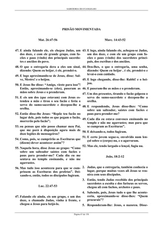 SABEDORIA DO EVANGELHO
Página 67 de 158
PRISÃO MOVIMENTADA
Mat. 26:47-56
47. E ainda falando ele, eis chegou Judas, um
dos doze, e com ele grande grupo, com fa-
cões e paus (vindo) dos principais sacerdo-
tes e anciãos do povo.
48. O que o entregaria dera a eles um sinal,
dizendo: Quem eu beijar, é ele, prendei-o.
49. E logo aproximando-se de Jesus, disse: Sal-
ve, Mestre! e o beijou.
50. E Jesus lhe disse: “Amigo, vieste para isso”!
Então, aproximando-se (eles), puseram as
mãos sobre Jesus e o prenderam.
51. E eis um dos (que estavam) com Jesus es-
tendeu a mão e tirou o seu facão e feriu o
servo do sumo-sacerdote e decepou-lhe a
orelha.
52. Então disse-lhe Jesus: “Repõe teu facão no
lugar dele, pois todos os que pegam o facão,
morrerão pelo facão”;
53. ou pensas que não posso chamar meu Pai,
que me porá à disposição agora mais de
doze legiões de mensageiros?
54. Como, pois, se cumprirão as Escrituras que
(dizem) dever acontecer assim”?
55. Naquela hora, disse Jesus ao grupo: “Como
sobre um salteador saístes com facões e
paus para prender-me? Cada dia eu me
sentava no templo ensinando, e não me
agarrastes.
56. Mas tudo isso aconteceu para que se cum-
prissem as Escrituras dos profetas”. Dei-
xando-o, então, todos os discípulos fugiram.
Luc. 22:47-53
47. Falando ele ainda, eis um grupo, e um dos
doze, o chamado Judas, vinha à frente, e
chegou a Jesus para beijá-lo.
Marc. 14:43-52
43. E logo, ainda falando ele, achegou-se Judas,
um dos doze, e com ele um grupo com fa-
cões e paus (vindo) dos sacerdotes princi-
pais, dos escribas e dos anciãos.
44. Deu-lhes, o que o entregaria, uma senha,
dizendo: Quem eu beijar , é ele, prendei-o e
levai-o com cuidado.
45. E logo chegando, disse-lhe: Rabbi! e o bei-
jou.
46. E puseram-lhe as mãos e o prenderam.
47. Um dos presentes, tirando o facão golpeou o
servo do sumo-sacerdote e decepou-lhe a
orelha.
48. E respondendo, Jesus disse-lhes: “Como
sobre um salteador, saístes com facões e
paus para prender-me?
49. Cada dia eu estava convosco ensinando no
templo e não me agarrastes; mas para que
se cumpram as Escrituras”.
50. E deixando-o, todos fugiram.
51. E certo jovem segue-o, envolvido num len-
çol sobre o (corpo) nu, e o agarraram.
52. Mas ele, tendo largado o lençol, fugiu nu.
João, 18:2-12
2. Judas, que o entregaria, também conhecia o
lugar, porque muitas vezes ali Jesus se reu-
nira com seus discípulos.
3. Então, tendo Judas recebido dos principais
sacerdotes a escolta e dos fariseus os servos,
chegou ali com fachos, archotes e paus.
4. Sabendo, pois, Jesus tudo o que lhe aconte-
ceria, aproximando-se disse-lhes: “Quem
procurais”?
5. Responderam-lhe: Jesus, o nazoreu. Disse-
 