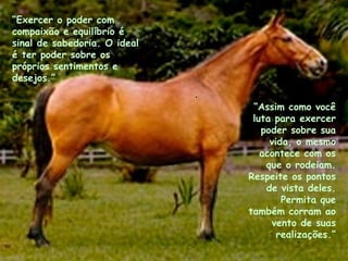 “Assim como você
luta para exercer
poder sobre sua
vida, o mesmo
acontece com os
que o rodeiam.
Respeite os pontos
de vista deles.
Permita que
também corram ao
vento de suas
realizações.”
“Exercer o poder com
compaixão e equilíbrio é
sinal de sabedoria. O ideal
é ter poder sobre os
próprios sentimentos e
desejos.”
.
.
.
.
.
 