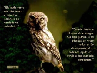 “ Ela pode ver o que não vemos, e isso é a essência da verdadeira sabedoria.”  “ Quando temos a clareza de enxergar nos dois planos, e as pessoas ao nosso redor estão desesperançadas, podemos ajudá-las, vendo o que elas não conseguem.” VOLTAR . . 