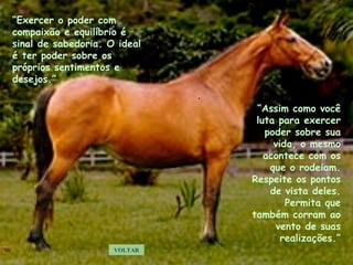 “ Assim como você luta para exercer poder sobre sua vida, o mesmo acontece com os que o rodeiam. Respeite os pontos de vista deles. Permita que também corram ao vento de suas realizações.” VOLTAR “ Exercer o poder com compaixão e equilíbrio é sinal de sabedoria. O ideal é ter poder sobre os próprios sentimentos e desejos.” . . . . . 