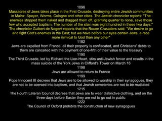 1096
Massacres of Jews takes place in the First Crusade, destroying entire Jewish communities
in Mainz, Speyer, Worms, Cologne and other cities. The Jewish chronicler reports: "The
enemies stripped them naked and dragged them off, granting quarter to none, save those
few who accepted baptism. The number of the slain was eight hundred in these two days."
The chronicler Guibert de Nogent reports that the Rouen Crusaders said: "We desire to go
and fight God's enemies in the East; but we have before our eyes certain Jews, a race
more inimical to God than any other"
1182
Jews are expelled from France, all their property is confiscated, and Christians' debts to
them are cancelled with the payment of one-fifth of their value to the treasury
1190
The Third Crusade, led by Richard the Lion-Heart, stirs anti-Jewish fervor and results in the
mass suicide of the York Jews in Clifford's Tower on March 16
1198
Jews are allowed to return to France
1199
Pope Innocent III decrees that Jews are to be allowed to worship in their synagogues, they
are not to be coerced into baptism, and that Jewish cemeteries are not to be mutilated
1215
The Fourth Lateran Council decrees that Jews are to wear distinctive clothing, and on the
three days before Easter they are not to go out in public
1222
The Council of Oxford prohibits the construction of new synagogues
 