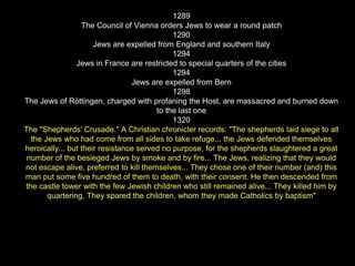 1289
The Council of Vienna orders Jews to wear a round patch
1290
Jews are expelled from England and southern Italy
1294
Jews in France are restricted to special quarters of the cities
1294
Jews are expelled from Bern
1298
The Jews of Röttingen, charged with profaning the Host, are massacred and burned down
to the last one
1320
The "Shepherds' Crusade." A Christian chronicler records: "The shepherds laid siege to all
the Jews who had come from all sides to take refuge... the Jews defended themselves
heroically... but their resistance served no purpose, for the shepherds slaughtered a great
number of the besieged Jews by smoke and by fire... The Jews, realizing that they would
not escape alive, preferred to kill themselves... They chose one of their number (and) this
man put some five hundred of them to death, with their consent. He then descended from
the castle tower with the few Jewish children who still remained alive... They killed him by
quartering. They spared the children, whom they made Catholics by baptism"
 