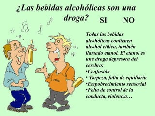¿Las bebidas alcohólicas son una
droga? SI
NO
Todas las bebidas
alcohólicas contienen
alcohol etílico, también
llamado etanol. El etanol es
una droga depresora del
cerebro:
•Confusión
• Torpeza, falta de equilibrio
•Empobrecimiento sensorial
•Falta de control de la
conducta, violencia…

 