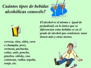 Cuántos tipos de bebidas
alcohólicas conocéis?
El alcohol es el mismo e igual de
perjudicial; en lo único que se
diferencian estas bebidas es en el
grado de alcohol que contienen: unas
tienen más y otras menos.
cerveza, vino, sidra, cava
o champán, jerez,
vermout, pacharán,
coñac, anís, ponche,
ginebra, whisky, ron,
cointreau, vodka, tequila,
orujo, etc.

 