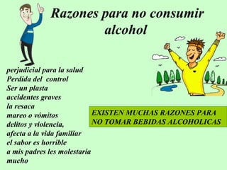 Razones para no consumir
alcohol
perjudicial para la salud
Perdida del control
Ser un plasta
accidentes graves
la resaca
EXISTEN MUCHAS RAZONES PARA
mareo o vómitos
NO TOMAR BEBIDAS ALCOHOLICAS
delitos y violencia,
afecta a la vida familiar
el sabor es horrible
a mis padres les molestaría
mucho

 