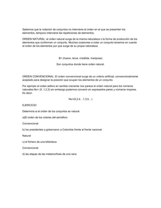                                                       <br />Sabemos que la notación de conjuntos no interviene el orden en el que se presenten los elementos, tampoco interviene las repeticiones de elementos.<br />ORDEN NATURAL: el orden natural surge de la misma naturaleza o la forma de producción de los elementos que conforman un conjunto. Muchas ocasiones a notar un conjunto tenemos en cuenta el orden de los elementos por que surge de su propia naturaleza.<br />B= (huevo, larva, crisálida, mariposa)<br />Son conjuntos donde tiene orden natural.<br />ORDEN CONVENCIONAL: El orden convencional surge de un criterio artificial, convencionalmente aceptado para designar la posición que ocupan los elementos de un conjunto.<br />Por ejemplo el orden aditivo en sentido creciente nos parece el orden natural para los números naturales No= (0, 1,2,3) sin embargo podemos convenir en expresarlos pares y números impares. Es decir.<br />No=(0,2,4…1,3,5…)<br />EJERCICIO<br />Determina si el orden de los conjuntos es natural <br />a) El orden de los colores del semáforo <br />Convencional<br />b) los presidentes q gobernaron a Colombia frente al frente nacional<br />Natural <br />c) el fichero de una biblioteca <br />Convencional<br />d) las etapas de las metamorfosis de una rana<br />N<br /> CONJUNTOS ORDENADOS Y SUBYACENTES <br />Conjuntos dispuestos en un orden. es el caso de las parejas ternas, trinos, cuadruplos, quíntuplos o n-plos ordenados,<br />CONJUNTO ORDENADOS: Un conjunto es ordenado cuando a sus elementos se los asigna un numero ordinal para definir una posición entre ellos.<br />Es decir, cuando definidos un primer elementos, un segundo, etc… estamos dando un orden al conjunto.<br />Es general, si le asignamos un orden a un conjunto de n-elementos obtenemos una n=pla ordenada que simbolizábamos asi: <br />                                     (a1 ,a2, a3 … an)<br />CONJUNTOS SUBYACENTE: Un conjunto subyacente es el que se obtiene al suprimir el orden de una n-pla ordenada para llegar al conjunto inicial.<br />Por ejemplo, el conjunto de (a,b,a) es el conjunto{a,b}<br />Observa que para la pareja (a,b) es muy claro el conjunto subyacente, pero para la pareja (a,a) tendremos que aceptar que el conjunto subyacente es el conjunto unitario {a}<br />(a,a)= {(1,a), (2,a)}<br />SUCESION COMO FUNCION<br />Todo orden que definamos sobre un conjunto A, lo podemos describir mediante una función cuyo dominio es un subconjunto orden de W y cuyo conjunto de imágenes es precisamente el conjunto A<br />SUCESION INFINITA: De números reales es una función a cuyo dominio N=Z<br />Por ejemplo el orden que se establece en la pareja ordenada (a,b) se describe mediante la función f= {(1,a) , (2,b)}, en donde el dominio de f es el conjunto P={1,2} y el rango o recorrido es el conjunto subyacente A={A,B}.<br />Esta interpretación se resume bajo la notacion de funciones asi: <br />1834515698500                                            F: N           R<br />1663065895350                                            n           a(n) = 2n<br />De esta manera o representación posedemos obtener los siguientes observaciones:<br />Los elementos de la función (2,4,6,8) son los mismos elementos del rango de la función  a<br />El dominio de la función a es la función a es el conjunto R+ (enteros positivos)<br />Los elementos del recorrido de la función a1 ,a2, …a3 … que escribiremos como a1 ,a2,a3 reciben el nombre de términos de la sucesión (El subíndice determina la posición de los términos 1ro, 2do,3ro términos ).El n-ensimo termino a define a la función a. En nuestro ejemplo, an se le llama terminogeneral de la ecuación<br />                                  (a1…. a3…)=(an)n∞=1<br />SUCESION FINITA: Una sucesion finita es una funcion a cuyo dominio Es un subconjunto finito de los Z+ que van desde 1 hasta n.<br />La sucesión finita se representa <br />                               (a1 ,a2, a3 … an)=(ak)k=1n<br />Por ejemplo la sucesión (3,6,9…………60)=(3k)k=120<br />SUCESION INFINITAS: Las sucesiones infinitas se clasifican en sucesiones crecientes sucesiones decrecientes, sucesiones oscilantes y sucesiones constantes.<br />SUCESIONES CRECIENTES: Consideremos la sucesión an=2n de los números pares, es <br />                                   an=(2,4,6,8)<br />Observa que a1=2; a2=4 ; a3=6 ; a4=8<br />                        Y a1<a2<a3<a4<br />Lo que significa que a medida que n aumenta an=2n aumenta por ello decimos que an=2n es una sucesión creciente<br />SUCESIÓN DECRECIENTE: consideremos la sucesión an=13n,es decir an=13, 16,19………)<br />Observa que a1=13; a2=16; a3=19 ; a4=112 <br />                        Y a1>a2>a3>a4<br />Lo que significa que a medida que n aumenta an decrece o disminuye por ello decimos que an=13n  es una sucesin decreciente<br />SERIES<br />Una serie es una sucesión cuyos términos son las sumas parciales de otra sucesión.<br />Por ejemplo, consideramos la sucesión an=3n, cuyos primeros términos son: a1=3, a2=6, a3=9, a4=12<br />A partir de esta sucesión podemos obtener una nueva sucesión de la siguiente manera:<br />S1=a1=3 <br />S2=a1+a2=3+6=9<br />S3=a1+a2+a3=3+6+9=18<br />S4=a1+a2+a3+a4=3+6+9+12=30<br />Observa que cada termino Sn se obtiene sumando todos los términos de la sucesión an anteriores o iguales a an.<br />Si la sucesión es infinita la serie correspondiente se llama serie infinita.<br />Si la sucesión es finita la serie correspondiente se llama serie finita.<br />NOTACIÓN SUMATORIA<br />Con frecuencia una serie se representa por medio de la notación de sumatoria de esta manera<br />Sn=k=1nak=a1+a2+a3… que se lee asi:<br />“la sumatoria de los a sub k cuando k varia desde 1 hasta n”<br />Los términos de la serie que aparecen a la derecha se obtienen a partie de la expresión del centro al sustituir sucesiva mente k en ak por entero positivos desde 1 hasta n.<br />Ejemplo <br />           La serie corresponde    an= 12n esta dada por: <br />                                                          Sn=12+14+18+116+… 12n<br />              La serie corresponde a la sucesión  an= 12n es <br />                                                                         k=1n12k<br />Ejemplos:  sin la notación de sumatoria                                                              S8= k=1n2Kn<br />Sustituimos k por 1,2,3,4,5,6,7,8 respectivamente y posterior mente sumamos, así.<br />            2(1)2+ 2(2)2+2(3)2+2(4)2+2(5)2+2(6)2+2(7)2+2(8)2<br />1586865285750NOTACIÓN  SUMATORIA00NOTACIÓN  SUMATORIALuego= 2+8+18+32+50+72+98+128 es la forma desarrollada de la sumatoria dada.<br />479679029718000786765297180002739390590550027393903162300078676529718000<br />3987165107315n=1n=a.n00n=1n=a.n224409026924000337756526924000224409026924000-118110126365Representa frecuentemente  una serie00Representa frecuentemente  una serie<br />1704975193675Su símbolo es     ∑00Su símbolo es     ∑2882265193675Se cambia n por    k00Se cambia n por    k<br />1853565497205PROGRESIONES ARITMÉTICAS00PROGRESIONES ARITMÉTICAS<br />28060653238500<br />5111115195580002815590195580009010651955800090106519558000<br />4301490129540       TERMINO GENERALan=a1+n-1da1=an-n-1.dn=an-a1dd=an-a1n-100       TERMINO GENERALan=a1+n-1da1=an-n-1.dn=an-a1dd=an-a1n-12034540129540cada termino excepto el primero se puede obtener del anterior sumándole 2. esta es la característica de un tipo especial de sucesiones llamadas aritméticas00cada termino excepto el primero se puede obtener del anterior sumándole 2. esta es la característica de un tipo especial de sucesiones llamadas aritméticas120015129540cada termino excepto el primero se puede obtener del anterior sumándole 2. esta es la característica de un tipo especial de sucesiones llamadas aritméticas00cada termino excepto el primero se puede obtener del anterior sumándole 2. esta es la característica de un tipo especial de sucesiones llamadas aritméticas<br />28936951238250090106512382500<br />185356577470009010657747000<br />-32766040005El numero constante que se suma a cada termino se llama RAZÓN o DIFERENCIA .POR EJEMPLO:an=2n+3         an(5,7,9,11,13,15,…)En la progresión aritmética anterior, el primer termino es a1=5 y la razón o diferencia es d=2Para hallar el termino general de una sucesión aritmética consideramos la progresión aritmética a1,a2,a3,a4…an00El numero constante que se suma a cada termino se llama RAZÓN o DIFERENCIA .POR EJEMPLO:an=2n+3         an(5,7,9,11,13,15,…)En la progresión aritmética anterior, el primer termino es a1=5 y la razón o diferencia es d=2Para hallar el termino general de una sucesión aritmética consideramos la progresión aritmética a1,a2,a3,a4…an<br /> <br />Según la definición, cada término se puede escribir:<br />a1=a1<br />a2=a1+d<br />a3=a2+d=a1+d+d=a1+2d<br />a4=a3+d=(a1+2d=a1+3d<br />an=an-1+d=a1+n-2d+d=a1+nd-2d+d<br />                                                                          =a1+nd-d<br />                                                                        =a1+n-1d<br />El n-esimo termino de un una progresión aritmética está dado por<br />                                          an=a1+n-1d<br />Por ejemplo: (5,7, 9,11…)<br />a1=5<br /> d=2                              a100=5+100-12=5+99.2=203<br />