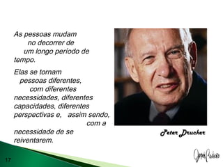 17
As pessoas mudam
no decorrer de
um longo período de
tempo.
Elas se tornam
pessoas diferentes,
com diferentes
necessidades, diferentes
capacidades, diferentes
perspectivas e, assim sendo,
com a
necessidade de se
reiventarem.
Peter Drucker
 