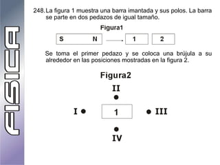 248.La figura 1 muestra una barra imantada y sus polos. La barra
se parte en dos pedazos de igual tamaño.
Se toma el primer pedazo y se coloca una brújula a su
alrededor en las posiciones mostradas en la figura 2.
 