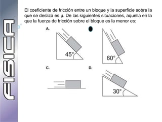 El coeficiente de fricción entre un bloque y la superficie sobre la
que se desliza es µ. De las siguientes situaciones, aquella en la
que la fuerza de fricción sobre el bloque es la menor es:
 