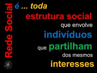 Rede Social   é ... toda
                 estrutura social
                             que envolve
                       indivíduos
                     que partilham
                             dos mesmos
                           interesses
 