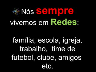Nós sempre
vivemos em Redes:

 família, escola, igreja,
   trabalho, time de
futebol, clube, amigos
           etc.
 